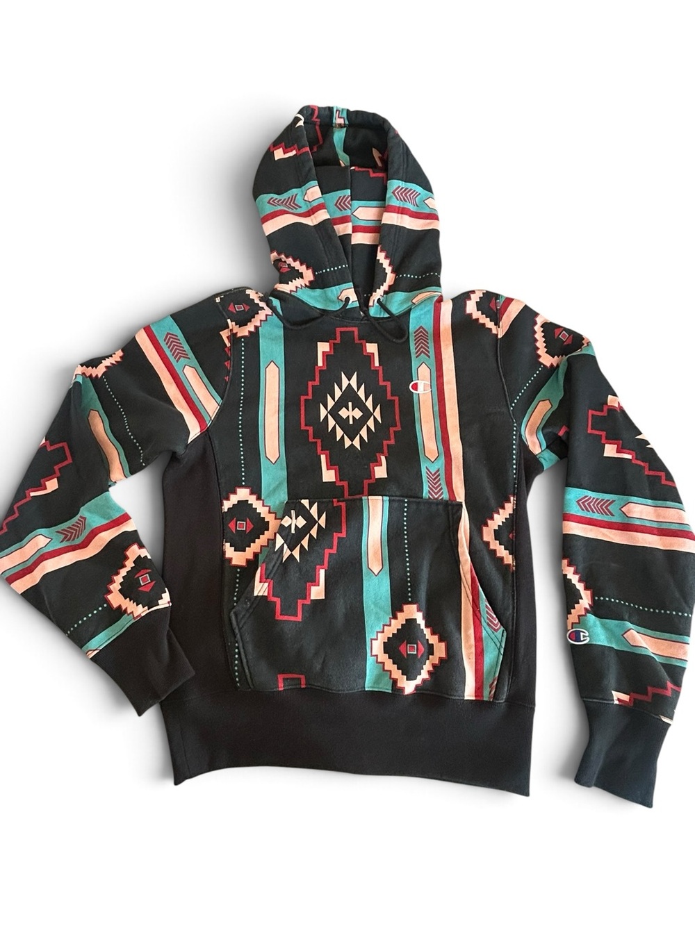 Champion Reverse Weave Men’s Black Aztec Geometric Print Hoodie S Multicolor